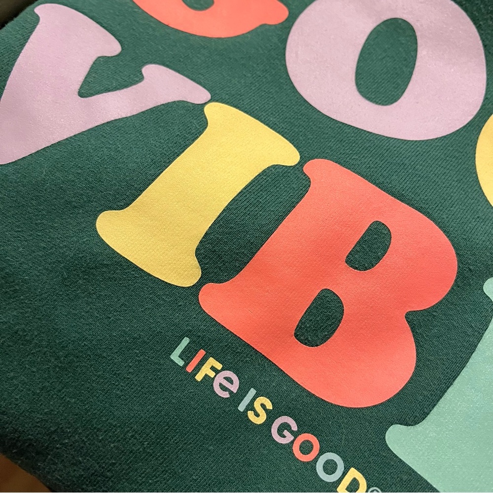 Life Is Good Teal Pullover Hoodie with Multicolor "GOOD VIBES" Graphic - Picture 9 of 10